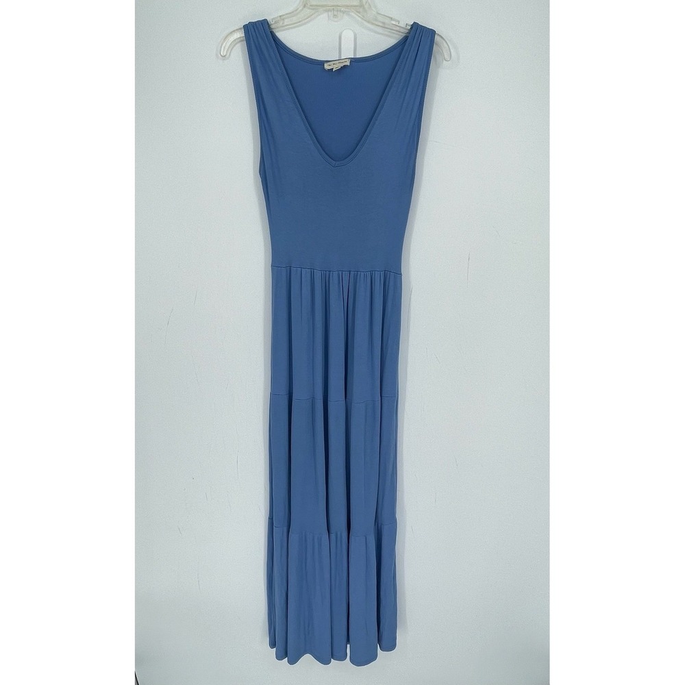 See You Monday Women's Blue Ribbed V-Neck Tiered Sleeveless Maxi Dress Size M